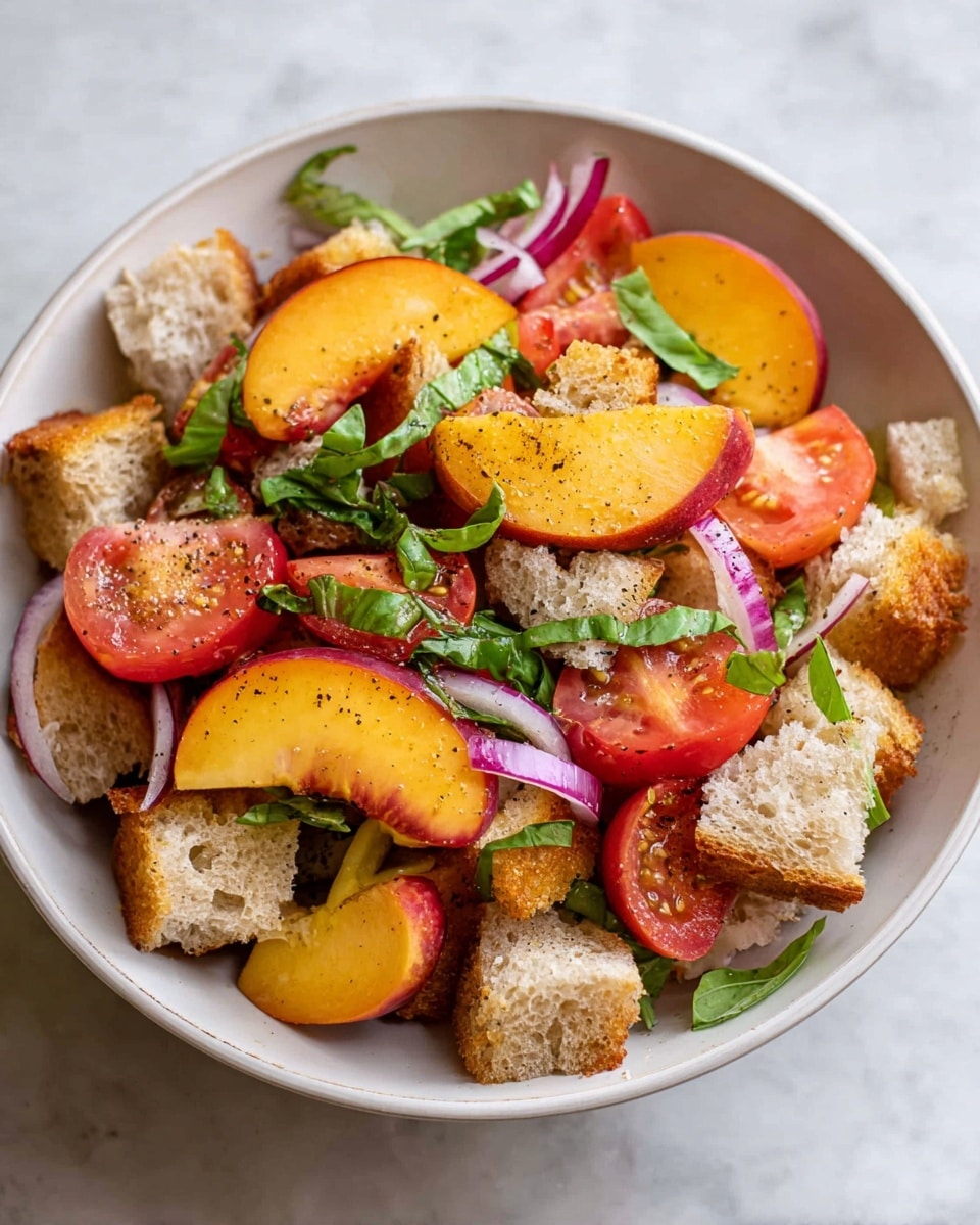 A white bowl filled with a fresh salad showing several layers: at the bottom are light brown toasted bread cubes with a rough texture, mixed with thin slices of light purple onion. On top of that, there are chunks of bright red tomatoes layered with thick slices of yellow and orange peaches with hints of red around the edges. Fresh green torn basil leaves are scattered across the salad, adding tiny spots of color. The salad appears lightly seasoned with small black pepper specks visible on the peach slices. The bowl rests on a white marbled surface. photo taken with an iphone --ar 4:5 --v 7