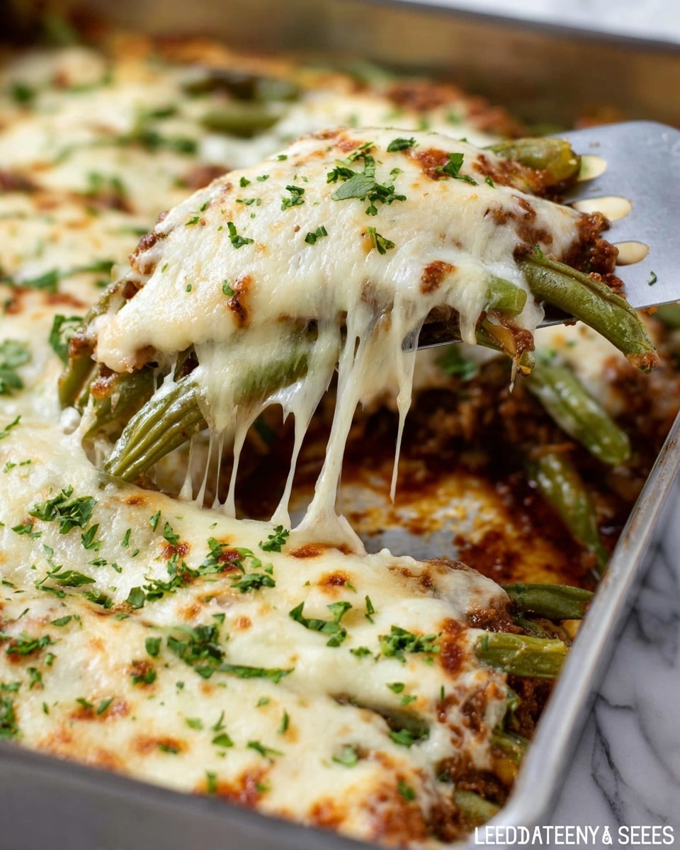 A close-up of a baked dish in a metal pan showing soft green beans as the base layer, topped with a middle layer of browned sauce that looks thick and spread across the bottom, then covered by a thick layer of melted white cheese with lightly golden browned spots and sprinkled chopped green herbs on top. A silver spatula lifts a portion, stretching the gooey cheese between the pan and the slice, showing the layered texture clearly. The whole scene is on a white marbled texture. photo taken with an iphone --ar 4:5 --v 7