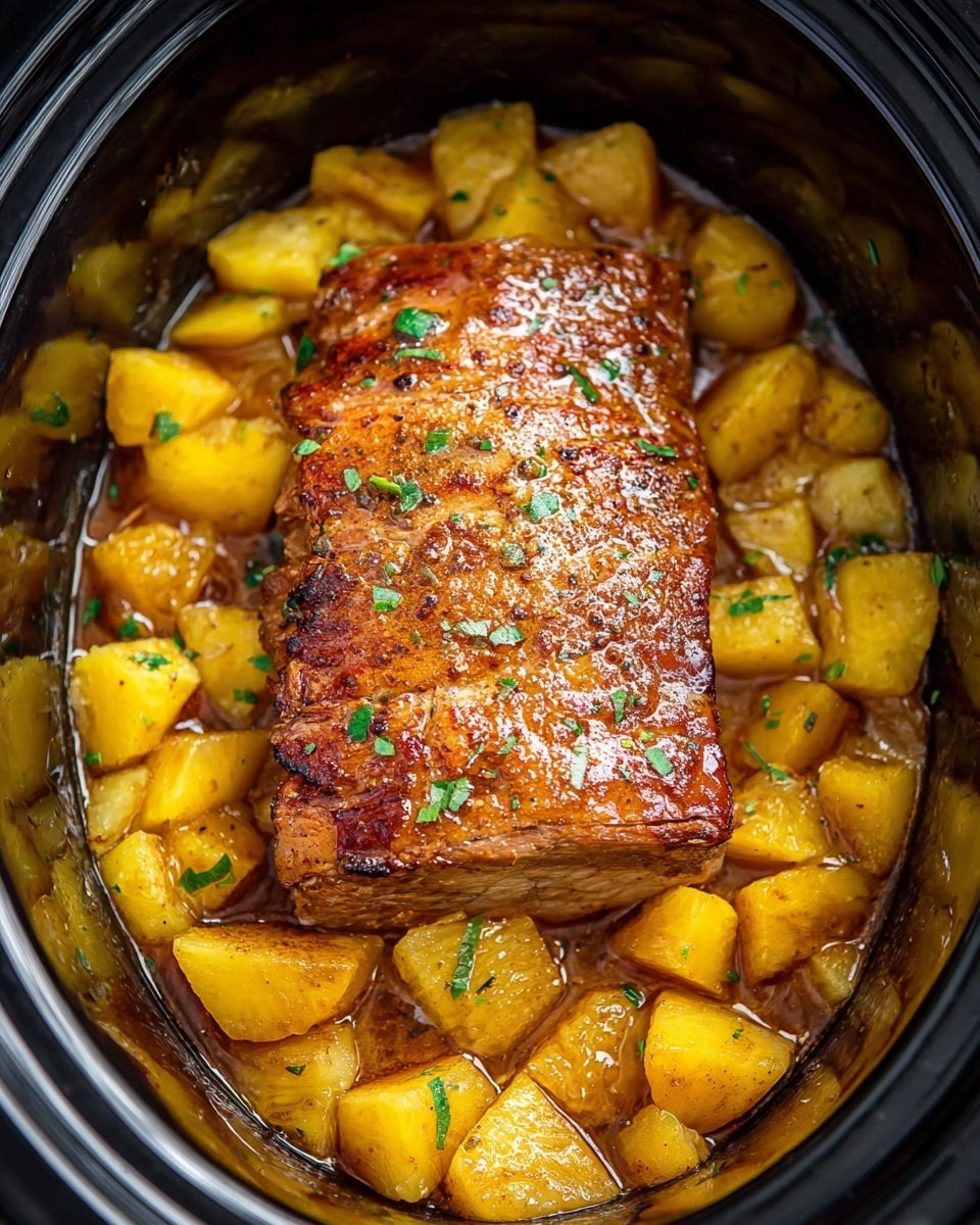 The image shows a white plate with a textured pattern, holding a dish layered with white rice as the bottom layer, topped with chunks of golden grilled pineapple and pieces of roasted chicken with browned skin. The pineapple pieces are bright yellow with some charred edges, while the chicken chunks are light brown with crispy skin and moist white meat. Small green herb flakes are sprinkled over the top, adding a fresh touch. The plate is set on a white marbled surface, with a red and white checkered cloth partially visible in the background. photo taken with an iphone --ar 4:5 --v 7