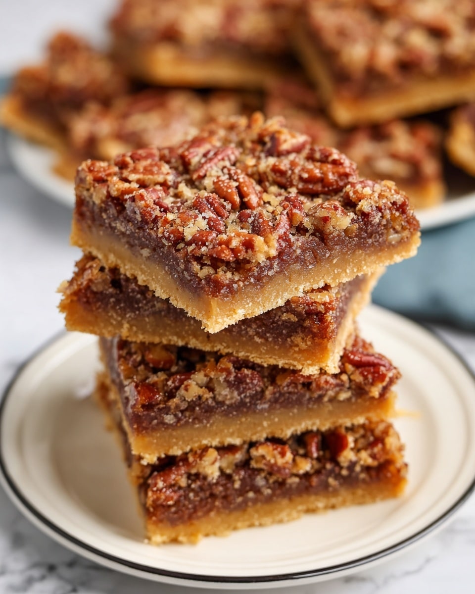 A stack of pecan bars is shown close-up on a white plate with a thin black rim, placed on a white marbled surface. Each bar has two layers: the top layer is chunky and textured with a rich dark brown color filled with pieces of toasted pecans, while the bottom layer is smooth, thin, and light golden, forming a firm base. The bars are cut into neat square shapes and stacked unevenly, showing the layers clearly. In the background, there is a hint of another plate holding more bars, slightly out of focus. Photo taken with an iphone --ar 4:5 --v 7