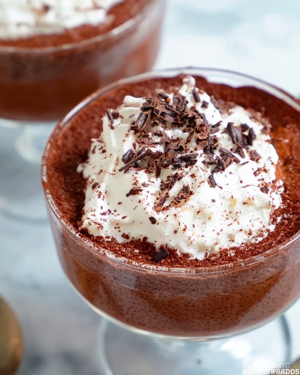 A close-up view of a glass bowl filled with two main layers: the bottom layer is a rich, dark brown chocolate mousse with a soft and slightly grainy texture, topped with a thick, white whipped cream layer. The whipped cream is sprinkled lightly with small, dark chocolate shavings that add texture and contrast to the dish. The bowl is set on a white marbled surface. Another similar bowl is slightly blurred in the background. photo taken with an iphone --ar 4:5 --v 7