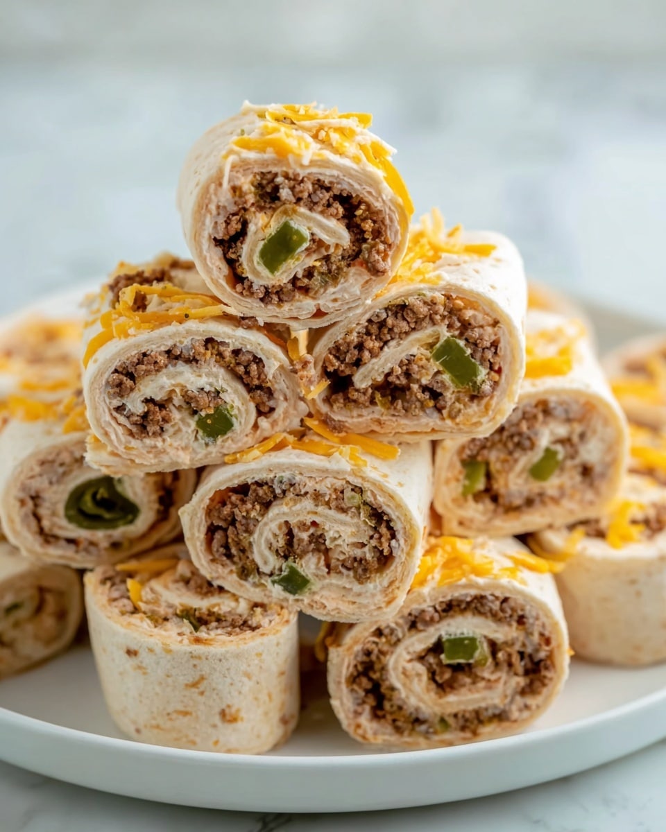 The image shows several pinwheel wraps stacked closely together on a white marbled surface. Each wrap has three visible layers: the outer layer is a light beige tortilla, the middle layer is creamy white with hints of orange shredded cheese and small green pieces, and the innermost layer is crumbled brown cooked ground meat. The wraps are cut into circular shapes, exposing the spiral pattern of the layers inside. The texture contrasts between the soft tortilla, creamy middle, and crumbly meat layers are clear. Photo taken with an iphone --ar 4:5 --v 7