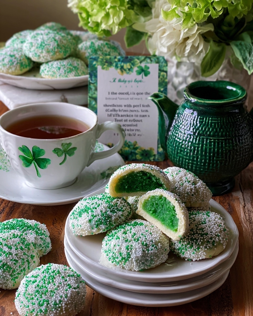 The image shows small round cookies covered in white and green sugar beads, with some cookies cut in half to reveal two layers inside: a bright green center and a light cream outer layer. The cookies are placed on two stacked white plates in the foreground, with a larger white plate holding more cookies in the background. Behind the cookies, there is a white teacup filled with tea, decorated with a green leaf design, and a dark green textured pitcher. A decorative card with a green shamrock pattern and an Irish prayer is also visible, alongside a green and white floral arrangement, all set on a wooden table with a white marbled texture surface. Photo taken with an iphone --ar 4:5 --v 7