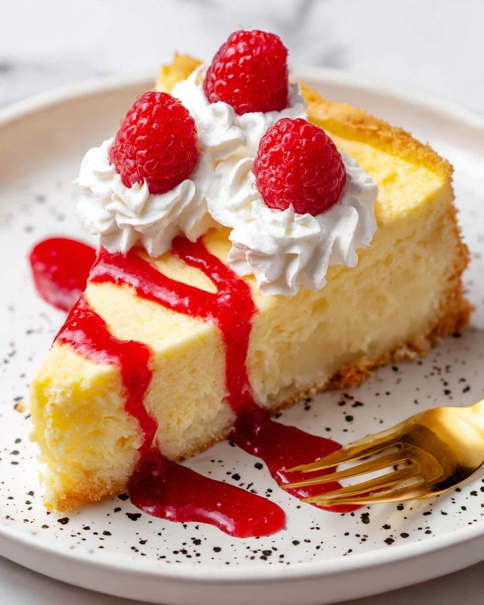 The image shows a single slice of creamy yellow cheesecake with a dense texture and a slightly crumbly edge, sitting on a white plate with small black speckles. The cheesecake is topped with dollops of white whipped cream lined near the crust edge, each supporting a bright red raspberry. A glossy, deep red sauce is drizzled generously over the top and sides of the slice, pooling slightly on the plate. A gold fork is placed near the front right side of the plate, contrasting with the white marbled texture surface under the plate. photo taken with an iphone --ar 4:5 --v 7
