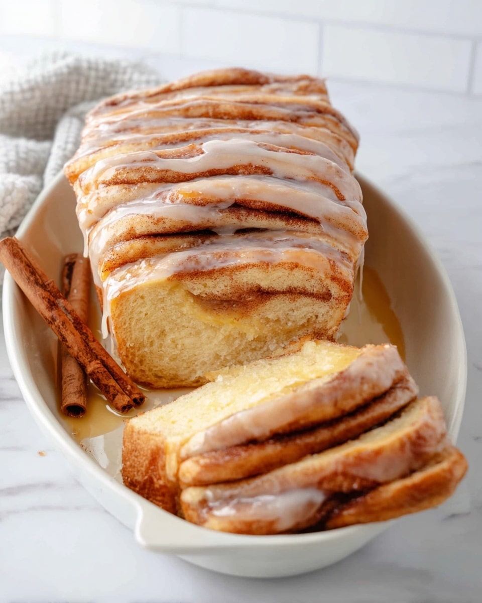 The image shows a tall stack of cinnamon rolls placed on a white rectangular plate over a white marbled surface. The stack has many layers of bread with a golden-brown cinnamon color, each separated by thick layers of white glaze that looks creamy and slightly shiny, dripping down the sides. At the front, one roll is cut open showing soft, airy inside with a light cinnamon dusting on top, and a slice is placed beside the stack, revealing the fluffy texture. The glaze is also on the sliced piece and the plate, adding a glossy contrast to the cinnamon tones. Photo taken with an iphone --ar 4:5 --v 7
