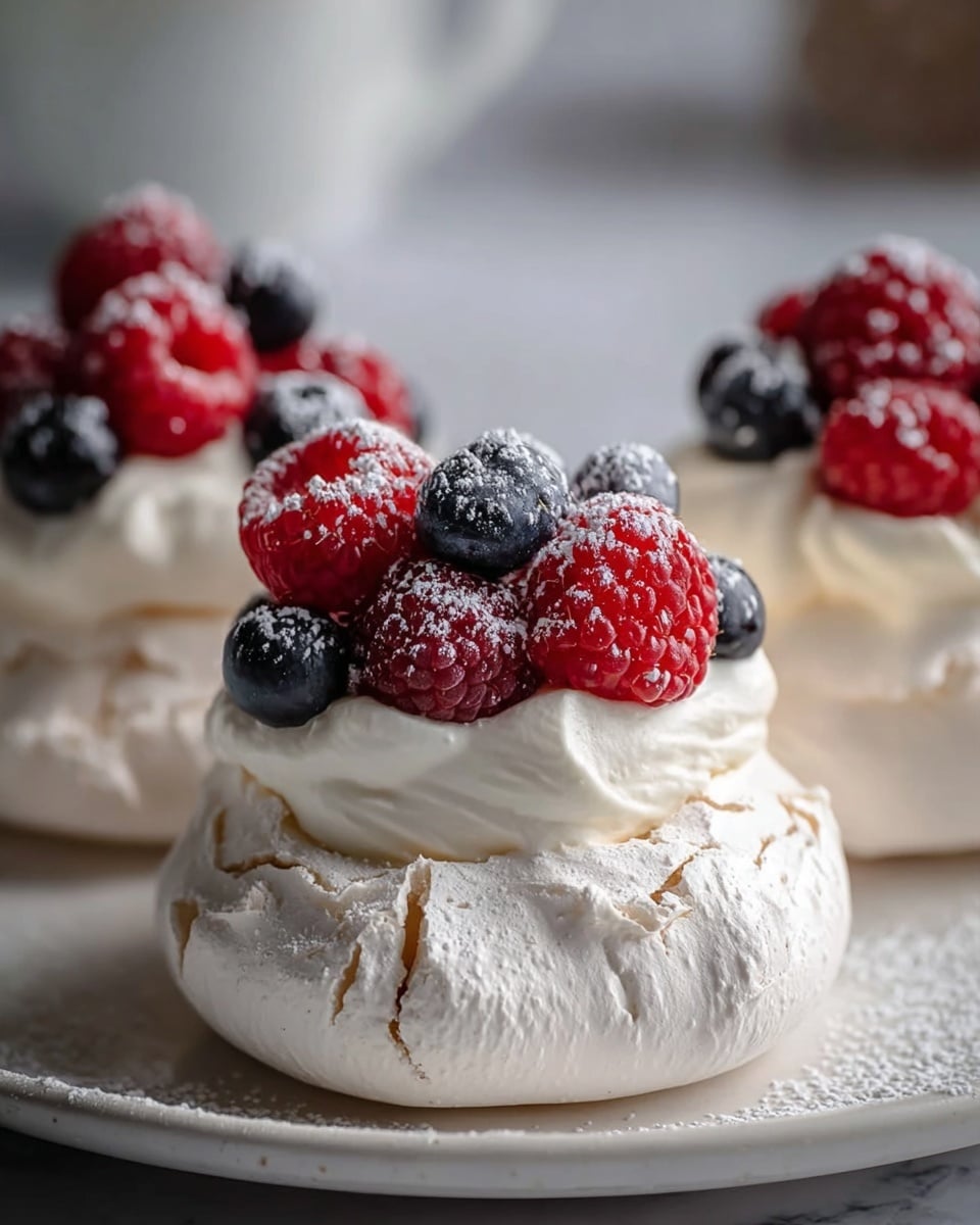 A close-up image of three small pavlova desserts arranged on a white plate with a white marbled texture surface below. Each pavlova has a base layer of cracked, crisp white meringue that is slightly rough in texture. On top, there is a thick, smooth layer of white whipped cream, generously swirled around the edges. The final layer is a mix of fresh red raspberries and dark blue blueberries, scattered on top, dusted lightly with white powdered sugar. The background is softly blurred, focusing on the front pavlova, highlighted by soft natural light. photo taken with an iphone --ar 4:5 --v 7