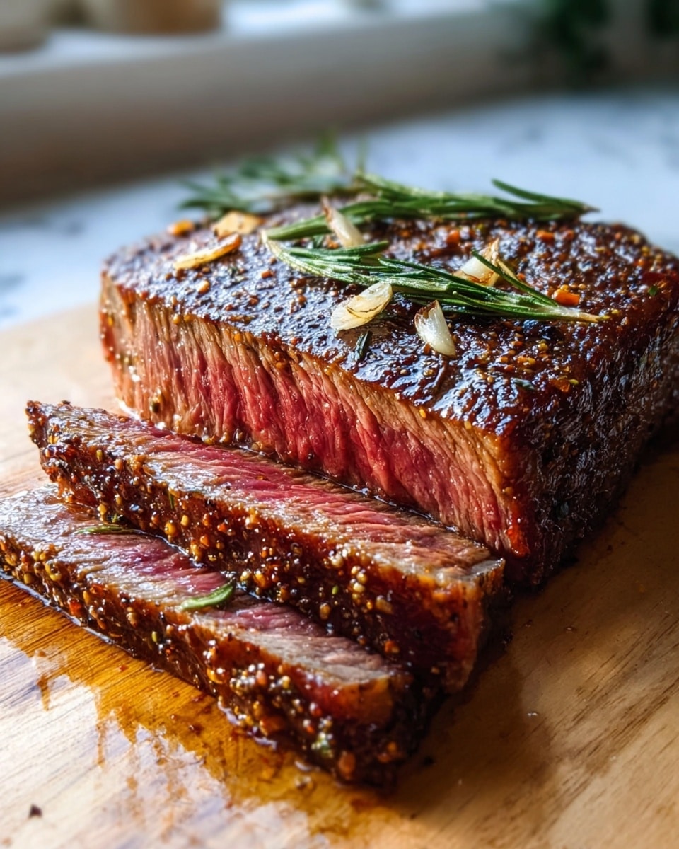A thick, well-cooked cut of steak rests on a wooden board with two slices cut from one side. The steak has three main visible layers: a dark brown, slightly crispy crust speckled with coarse spices and herbs, a middle layer of rich pink juices showing the medium-rare doneness, and a firm, brown interior. On top, rosemary sprigs and garlic pieces add texture and a fresh green color, contrasting with the deep brown crust. The background features a white marbled texture with soft natural light from a nearby window illuminating the juicy meat. Photo taken with an iphone --ar 4:5 --v 7