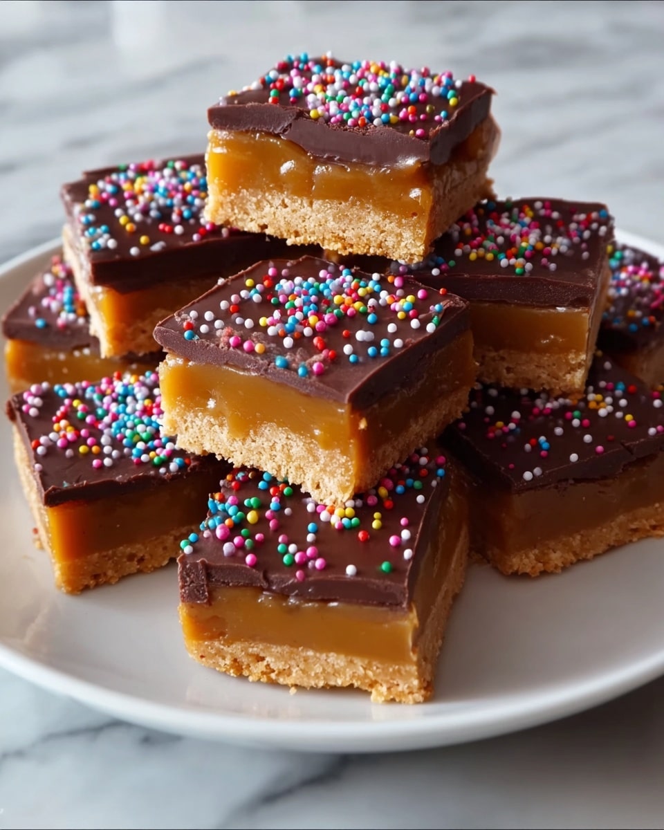 This image shows a white plate holding seven square treats, each made of three layers. The bottom layer is a light brown crumbly biscuit base. The middle layer is a thick, shiny, golden caramel filling. The top layer is a smooth dark chocolate coating, which is decorated with small, round, colorful candy sprinkles scattered on top. One of the treats is slightly lifted above the others, showing the three distinct layers clearly. The plate rests on a white marbled surface. photo taken with an iphone --ar 4:5 --v 7