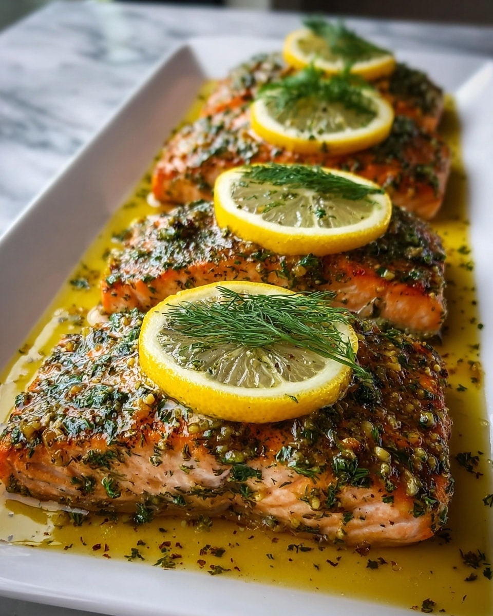 Three thick salmon fillets are placed side by side on a long white plate, each fillet covered in a glistening layer of green herbs and crushed spices. On top of each fillet, two bright yellow lemon slices sit neatly, with fresh green dill sprigs placed on the front fillet, adding texture and color contrast. The fish is surrounded by a golden, oily sauce that pools gently around the fillets, reflecting the light. The background is a white marbled surface. Photo taken with an iphone --ar 4:5 --v 7