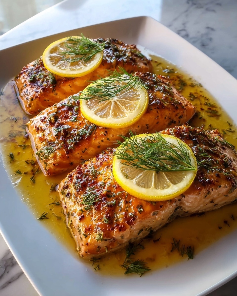 Three cooked salmon fillets are placed side by side on a white plate. Each fillet has a golden-brown surface with visible herbs and spices, giving a slightly crispy texture. On top of each fillet, there are three thin lemon slices arranged in a line, with a small green dill sprig laying on the uppermost lemon slice. A light sauce or glaze surrounds the salmon, adding a glossy finish. The plate sits on a white marbled surface, with natural light softly highlighting the vibrant colors and textures of the dish. photo taken with an iphone --ar 4:5 --v 7
