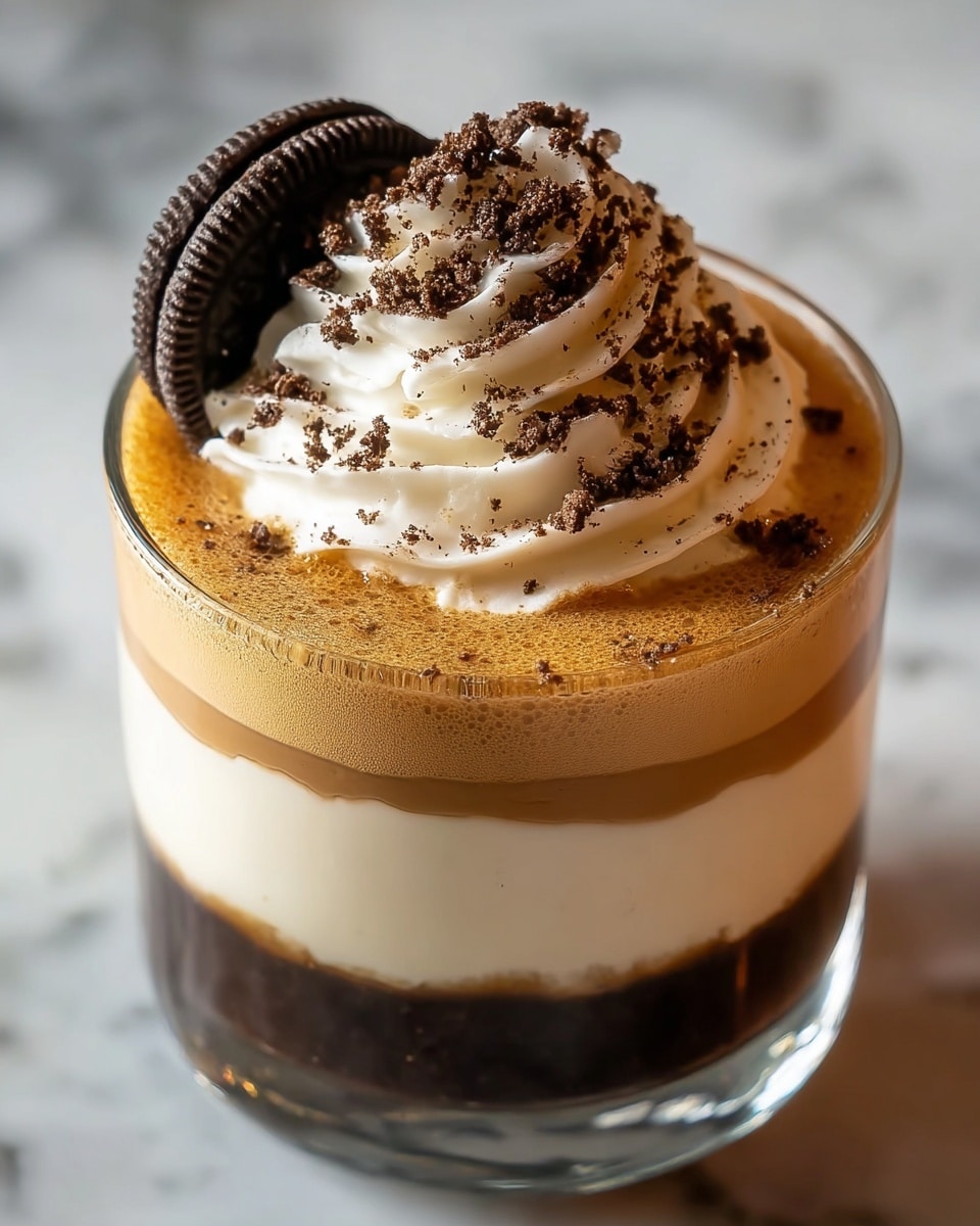 A clear glass holds a layered dessert with four visible layers. The bottom layer is dark chocolate with a shiny, smooth texture. Above it is a thick, creamy light beige layer that looks soft. Next is a medium brown coffee-like layer that gently blends into the creamy layer below. On top is a thick swirl of white whipped cream sprinkled with dark chocolate crumbs. One large, round, dark chocolate cookie is placed standing inside the whipped cream on the right side. The glass is set on a white marbled textured surface. photo taken with an iphone --ar 4:5 --v 7