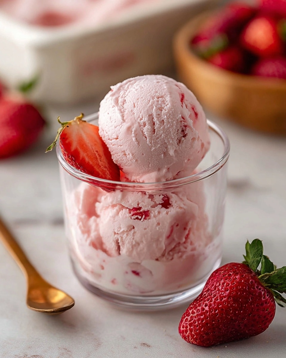 The image shows a clear glass cup filled with two scoops of light pink strawberry ice cream with visible small pieces of red strawberry mixed in. The top scoop is round and smooth, with some texture from the ice cream scoop marks. There is also a fresh halved strawberry placed on the side of the ice cream inside the cup. Next to the cup, on a white marbled surface, a whole fresh strawberry with green leaves is placed. The background features a blurred white container of strawberry ice cream and a wooden bowl filled with whole fresh strawberries, adding depth and a soft warm tone to the scene. photo taken with an iphone --ar 4:5 --v 7