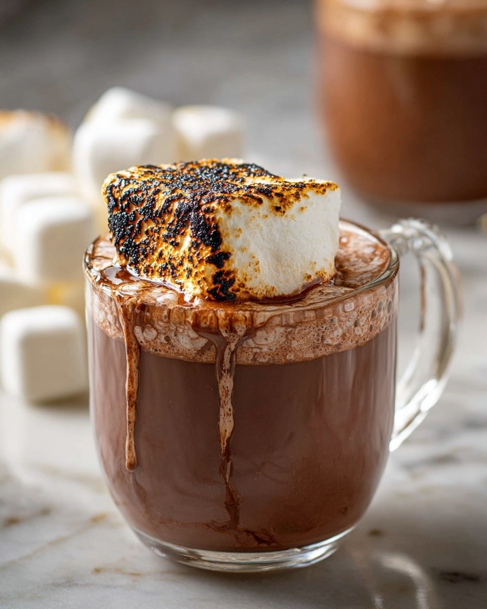 A clear glass mug filled with rich, smooth hot chocolate that has a creamy, slightly frothy texture on top. Sitting on the surface is a large, toasted marshmallow showing a golden brown and black charred pattern with drips of melted marshmallow running down its sides. The mug is placed on a white marbled texture, and in the blurred background, there are soft blocks of white marshmallows and another glass mug slightly out of focus. The scene is warm and cozy with the hot chocolate invitingly prominent. photo taken with an iphone --ar 4:5 --v 7
