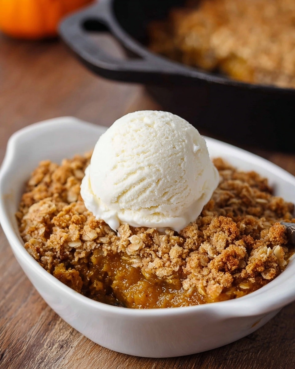 A white ceramic dish holds a two-layer dessert; the bottom layer is a golden brown, soft, and moist cooked pumpkin filling, while the top layer is a crumbly, coarse, medium-brown oat-based topping. Sitting centered on top is a single scoop of smooth, creamy white vanilla ice cream. The dish rests on a wooden surface with a blurred black cast iron skillet in the background. Photo taken with an iphone --ar 4:5 --v 7
