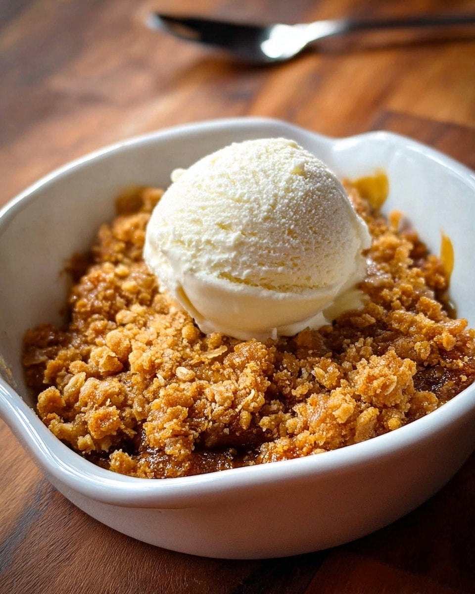 A white ceramic bowl holds a dessert with two main layers: the bottom layer is a warm, golden-brown crumble with a rough and crumbly texture, and on top sits a smooth, round scoop of pale vanilla ice cream with a slightly creamy texture. The dessert is placed on a wooden surface. Photo taken with an iphone --ar 4:5 --v 7