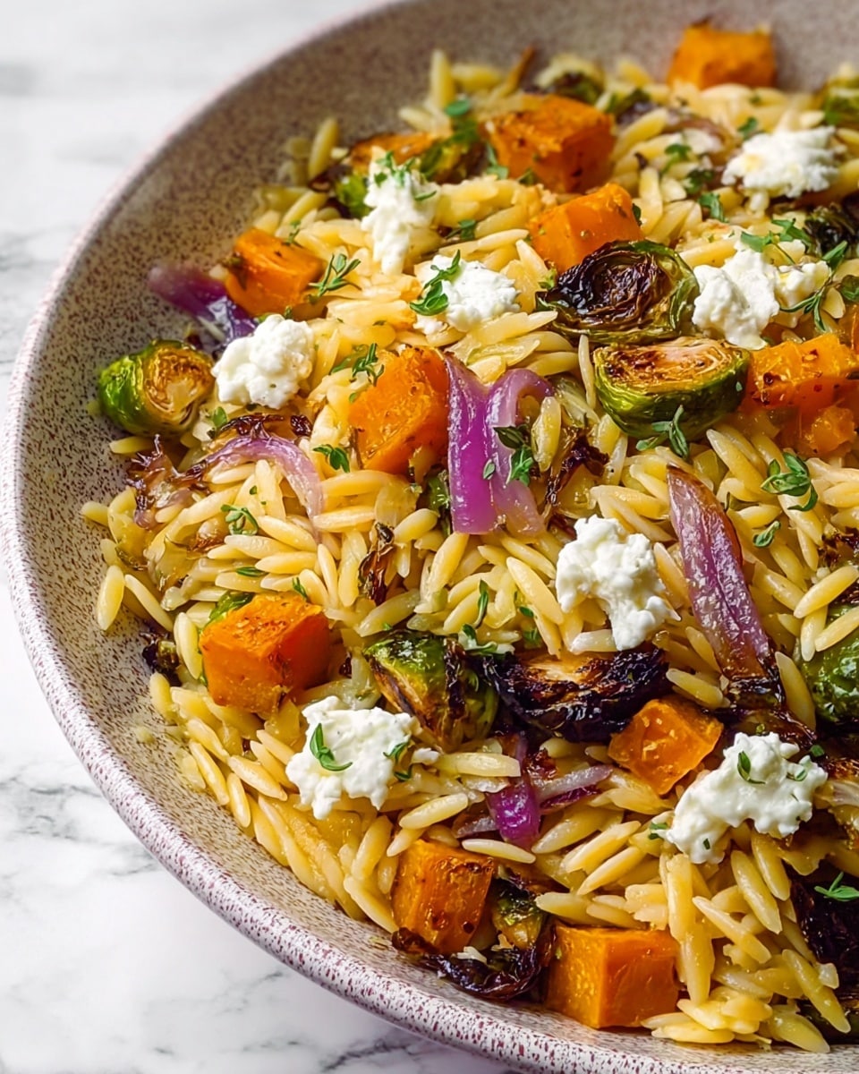 The image shows a close-up of a dish in a white bowl with a speckled texture, placed on a white marbled surface. The dish contains three main layers: a base layer of light golden orzo pasta, scattered with small cubes of bright orange roasted squash and whole roasted Brussels sprouts that are a mix of green and golden brown. There are small dollops of soft white cheese, likely goat cheese, placed evenly on top. Thin slices of purple-red onion are mixed throughout, alongside small bits of fresh green herbs sprinkled over the dish for color and texture contrast. photo taken with an iphone --ar 4:5 --v 7
