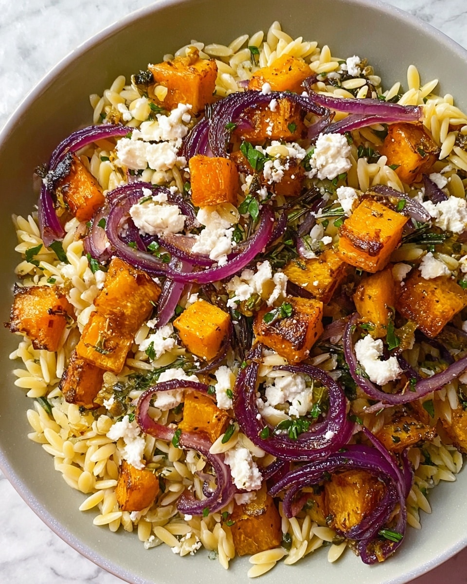 A close-up of a bowl filled with a colorful cooked dish showing about four layers of ingredients. The bottom layer is a bed of small, light yellow orzo pasta, spread evenly around the bowl. Mixed throughout are golden-brown roasted cubes, likely squash or pumpkin, with slightly crispy edges, scattered evenly on top of the pasta. Also present are thin slices of browned purple onions curling in loops, spread across the dish. Small green leafy bits resembling herbs and vegetables are mixed in, adding flecks of fresh green. Crumbled white cheese is sprinkled over the top, adding a soft texture contrast. The bowl itself is white with a subtle shining texture. The whole scene is set on a white marbled surface. photo taken with an iphone --ar 4:5 --v 7