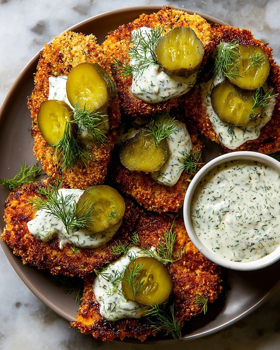 The image shows several golden-brown crispy patties arranged on a white plate, each topped with a dollop of creamy white sauce speckled with green herbs. On top of the sauce, there are slices of bright green pickles and small sprigs of fresh dill, adding a touch of texture and color contrast. The patties have a rough, crunchy surface with a warm, toasted hue. The right side of the plate holds a small white bowl filled with the same herb sauce. The whole setup rests on a white marbled textured surface. photo taken with an iphone --ar 4:5 --v 7