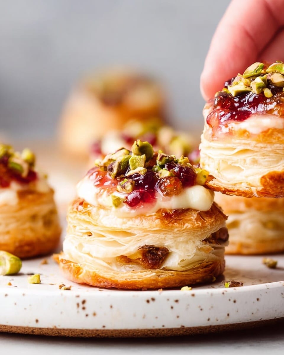A close-up of a layered pastry with five visible flaky, golden-brown layers at the bottom. On top, a smooth cream colored layer drapes over one side, with a glossy, deep red jelly sauce sitting above it. The jelly is topped with crushed nuts and small chunks of dried fruit scattered unevenly across the top. A few whole pistachio nuts rest around the base. The dessert is resting on a wooden board against a blurred white marbled texture background. Photo taken with an iphone --ar 4:5 --v 7