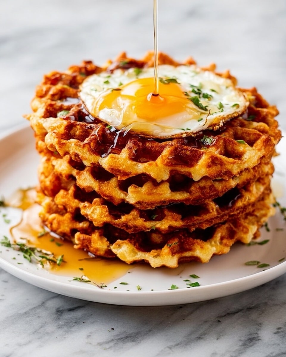 The image shows a stack of four golden-brown waffles on a white plate, each waffle crispy with a textured surface. On top of the stack, there is a sunny-side-up egg with a runny yolk, and golden syrup is being poured over the yolk, dripping down the sides. The plate is placed on a white marbled surface, and there are small green herb pieces sprinkled around the waffles. The overall look is warm and appetizing with a slight sheen from the syrup. photo taken with an iphone --ar 4:5 --v 7