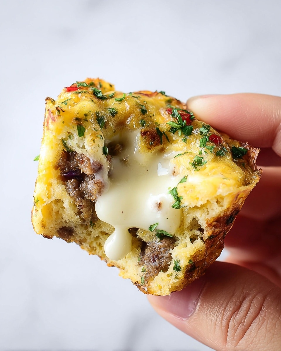 A close-up of a small, broken cube of savory baked egg muffin held by a woman's hand, showing its soft, light yellow interior with a gooey melted white cheese layer in the center that slightly drips down. The muffin contains visible small pieces of brown cooked sausage, finely chopped green parsley sprinkled on top and inside, small bits of red pepper or tomato, and a textured crumbly egg base. The edges are light golden brown with a slightly crispy texture. The background is a white marbled texture. photo taken with an iphone --ar 4:5 --v 7