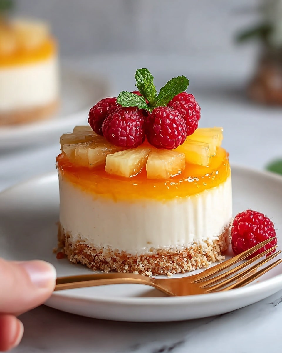 A small round cheesecake sits on a white plate with a golden fork in front of it. The cheesecake has three layers: a crumbly light brown base, a thick smooth white cream middle, and a shiny orange-yellow jelly top layer. On top of the jelly, there are thin slices of pineapple arranged in a circle, fresh red raspberries scattered over them, and a small green mint leaf in the center. A single raspberry lies on the plate next to the cheesecake. The scene includes a blurred white marbled surface background, and a woman's hand is partially visible on the left side near the plate. Photo taken with an iphone --ar 4:5 --v 7