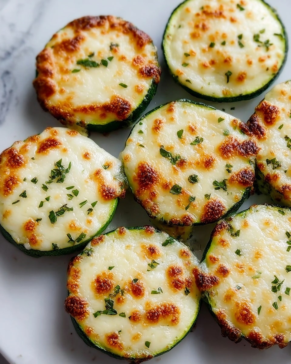 The image shows several round slices of zucchini topped with a thick, bubbly melted cheese layer that is golden brown in spots. Each zucchini slice has a bright green outer skin with smooth, creamy white and slightly browned cheese covering the top. Small pieces of chopped green herbs are scattered over the cheese. The zucchini slices are placed closely together on a white plate sitting on a white marbled surface. photo taken with an iphone --ar 4:5 --v 7
