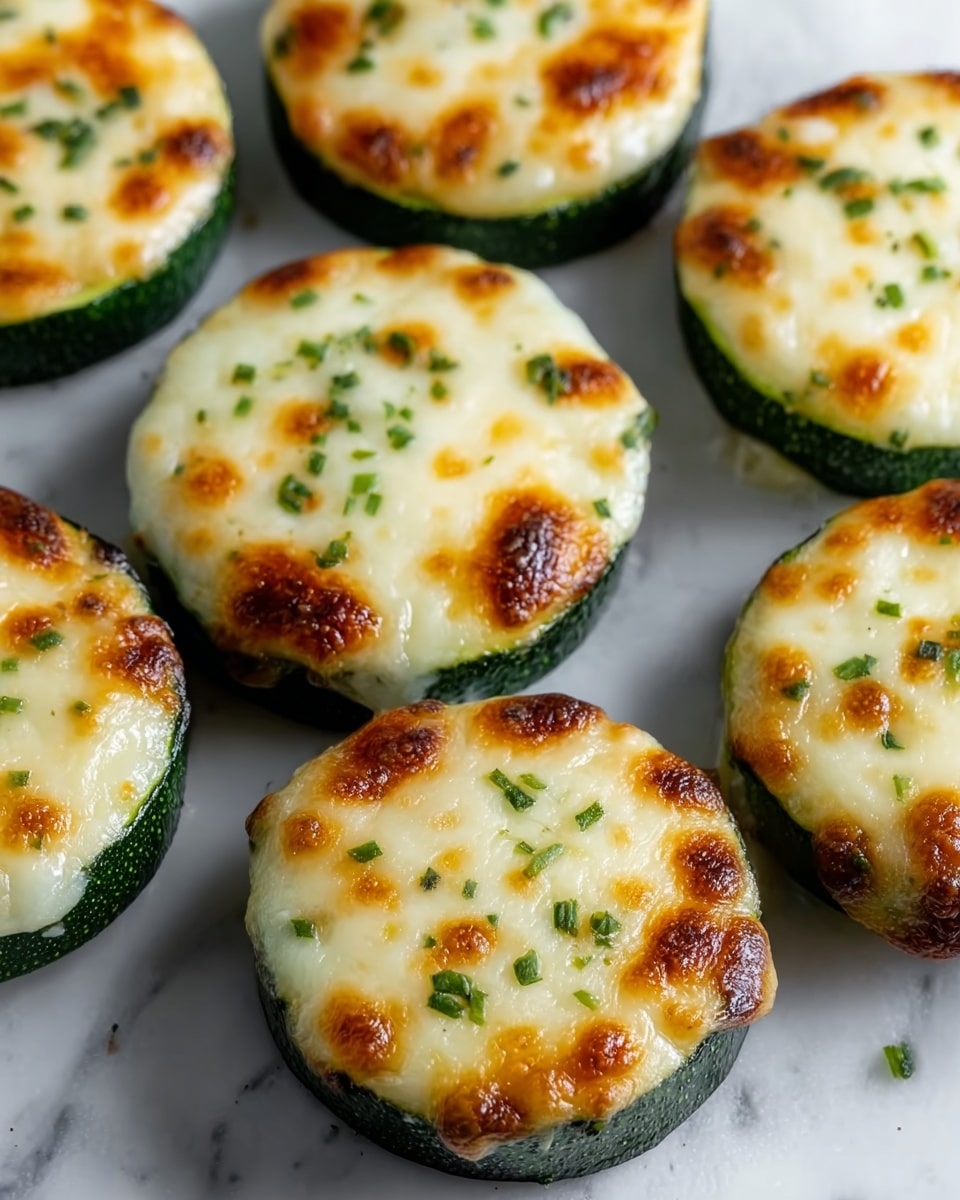 The image shows several round zucchini slices arranged closely on a white marbled surface. Each slice is topped with a thick layer of melted cheese, golden brown in spots, with small green herb bits sprinkled over the cheese. The zucchini base is dark green with a slightly textured skin, and the cheese layer looks bubbly and creamy, covering the entire top of each slice. photo taken with an iphone --ar 4:5 --v 7