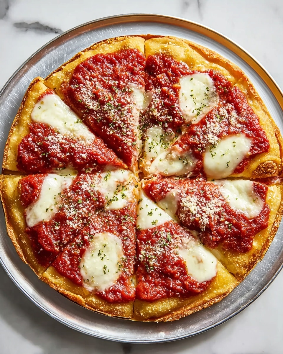 The image shows a round pizza cut into eight slices placed on a white metal tray. The bottom layer is a golden-brown crust with a slightly thick and crispy texture. The next layer is chunky, vibrant red tomato sauce spread unevenly over each slice, giving a homemade look. On top of the sauce, there is melted white mozzarella cheese that is soft and stringy in parts, with some scattered patches left uncovered by the sauce. A sprinkle of green herbs and a light dusting of grated cheese add small pops of color and texture on top. The tray sits on a white marbled surface that highlights the colors of the pizza. photo taken with an iphone --ar 4:5 --v 7