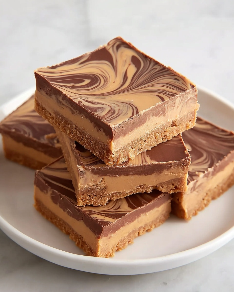 A stack of five square dessert bars sits on a white plate, placed on a white marbled surface. Each bar has two clear layers: the bottom layer is thick, crumbly, and light brown, resembling a cookie or biscuit base, while the top layer is a smooth mix of chocolate and peanut butter swirled together creating a marbled brown and tan pattern on the surface. The bars' edges are straight and clean, showing the contrast between the textured base and the glossy, creamy top. The photo taken with an iphone --ar 4:5 --v 7