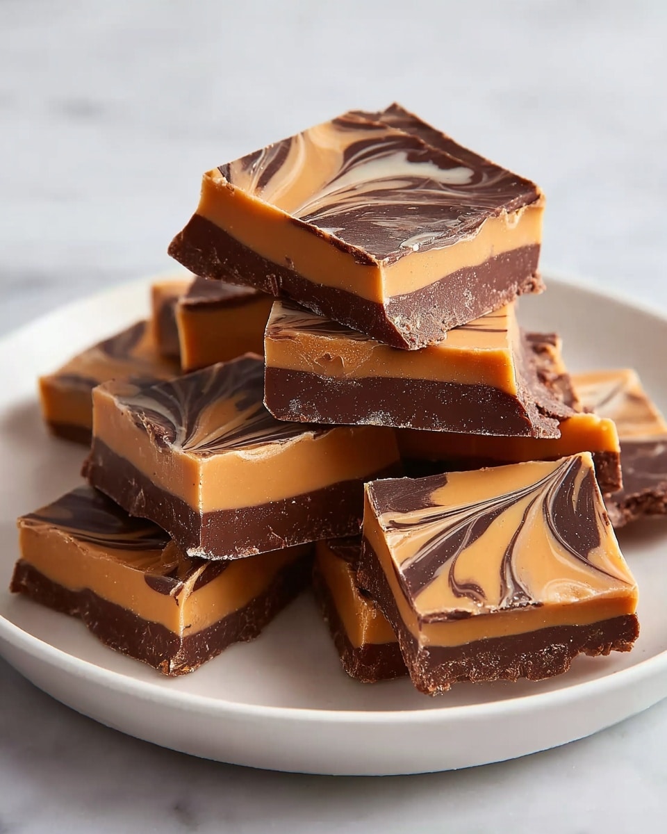 A white plate holds a stack of seven square-shaped candy pieces, each with two visible layers — a thick bottom layer of dark brown chocolate and a top layer of light caramel brown with swirled dark chocolate patterns creating a marbled effect. The candy pieces are unevenly stacked, showing rough broken edges and smooth glossy surfaces with a mix of shiny and matte textures. The plate rests on a white marbled surface, and the lighting softly highlights the smooth and slightly glossy finish of the candy layers. photo taken with an iphone --ar 4:5 --v 7