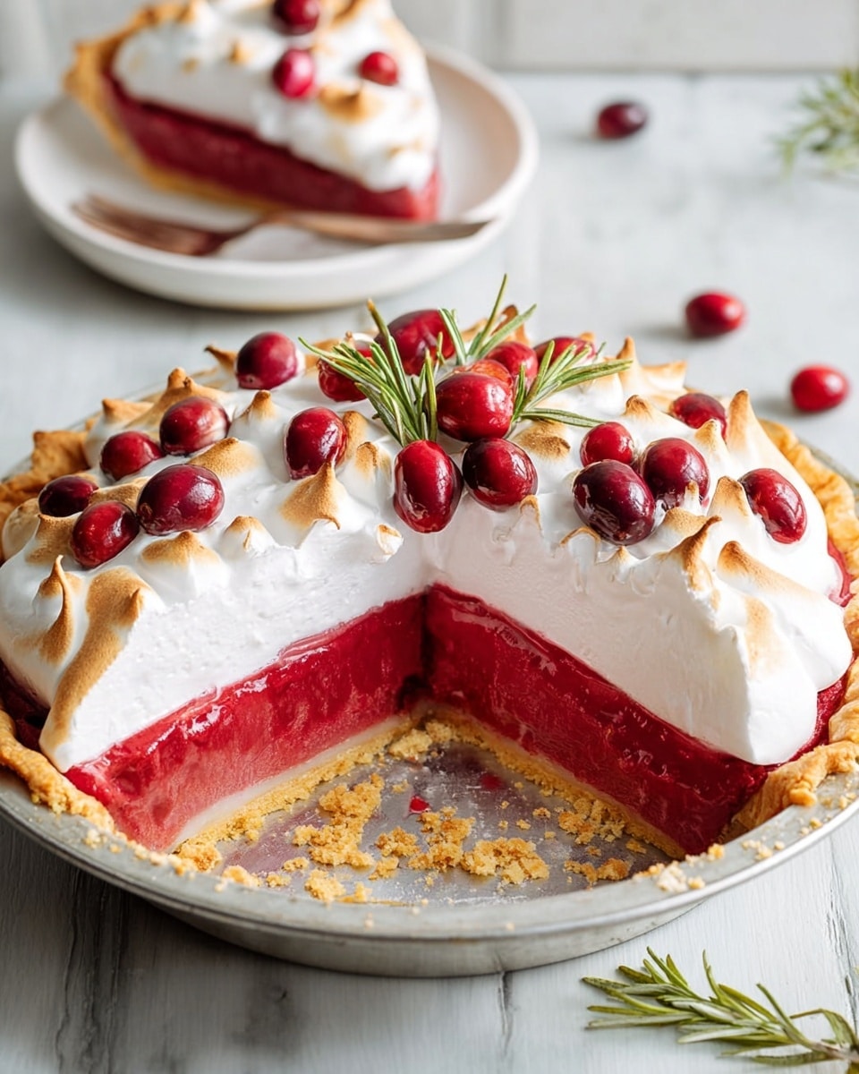 A pie with three visible layers sits in a silver pie dish on a white marbled surface. The bottom layer is a golden-brown pastry crust with a crumbly texture and a bitten edge. The middle layer is a thick, smooth, bright red filling. The top layer is a fluffy white meringue, toasted to a light golden brown on the peaks, decorated with whole and halved red cranberries, and green rosemary sprigs placed in the center. A slice is missing revealing the layers, and in the blurred background, a white plate holds the removed slice topped with meringue and cranberries. Photo taken with an iphone --ar 4:5 --v 7