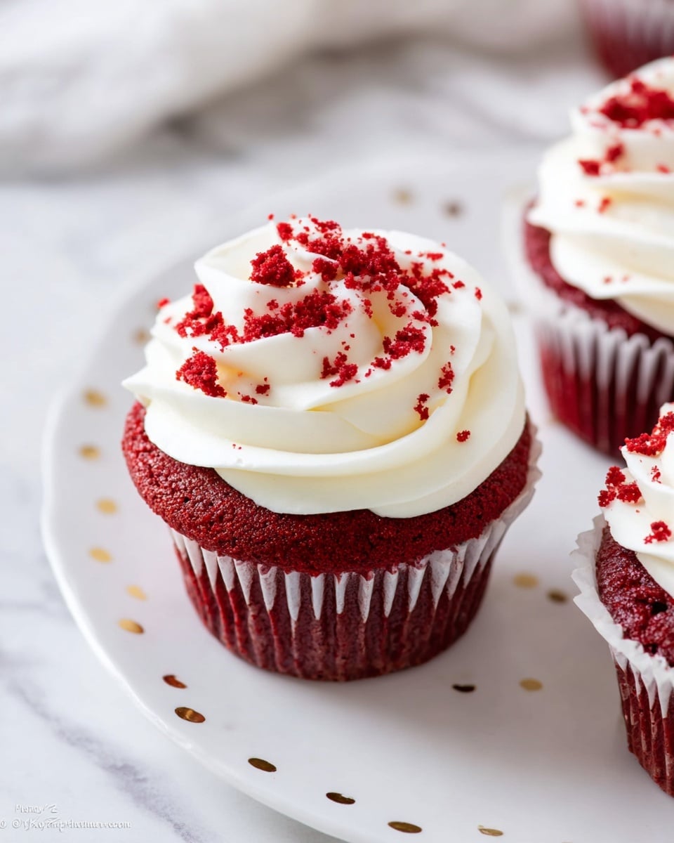 A red velvet cupcake sits centered on a white plate with small gold dots, on a white marbled texture background. The cupcake has two main layers: a deep red, soft cake base wrapped in a white ridged paper liner, and a thick swirl of smooth, creamy white frosting on top. The frosting is decorated with bright red crumbles scattered evenly over the surface. Part of two more cupcakes with the same look are visible on the right side. Photo taken with an iphone --ar 4:5 --v 7