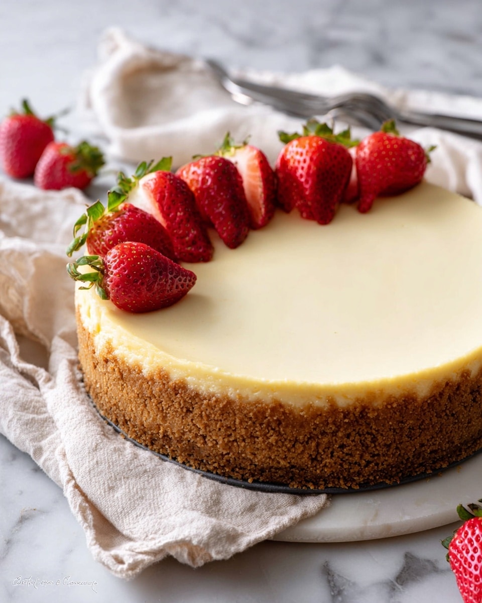 A round cheesecake with a thick, crumbly light brown crust on the bottom and sides holds a smooth, creamy pale yellow filling. On top of the cheesecake, nine fresh strawberries, some whole and some cut in half, are arranged in a line near one edge. The strawberries are bright red with green leafy tops. The cheesecake sits on a white marbled surface with a beige cloth partly underneath it, and a couple of loose strawberries and a silver fork are blurred in the background. photo taken with an iphone --ar 4:5 --v 7