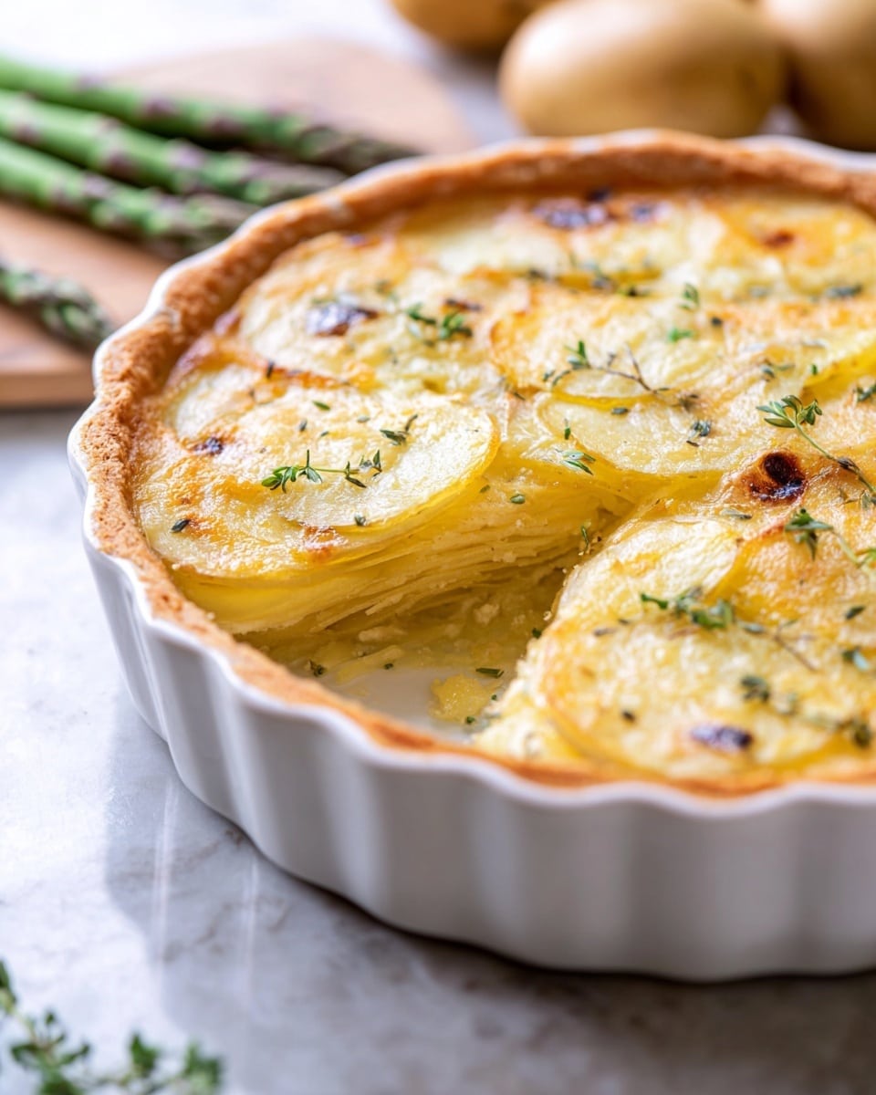 The image shows a close-up of a baked dish in a white fluted ceramic dish, filled with layers of thinly sliced potatoes. The top layer is a golden-yellow color with melted cheese and small green herb bits scattered lightly on top, giving a slightly bubbly texture. The potato slices beneath peek through in a soft yellow shade. The dish has a golden crust edge around it. The background is a white marbled surface with asparagus spears and round bread rolls slightly blurred in the background. photo taken with an iphone --ar 4:5 --v 7