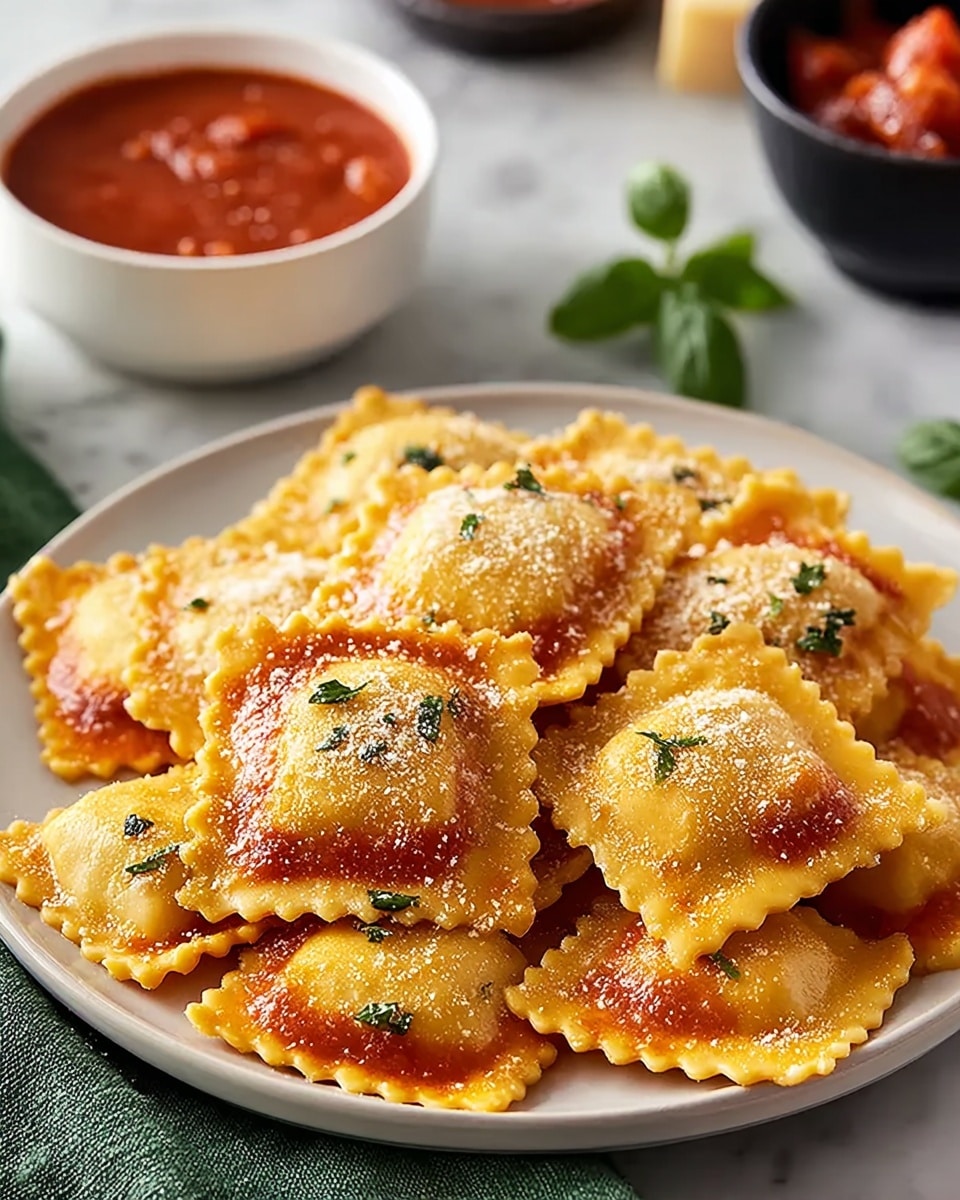 A white plate holds a neat pile of ten square ravioli pieces, each with golden-yellow pasta edges tinged orange from a thin layer of red tomato sauce underneath. The ravioli have slightly puffy centers and scalloped edges, dusted lightly with white grated cheese and sprinkled with small bits of green herbs. In the blurred background, there are two small bowls, one white filled with more tomato sauce and one black with chunks of red tomato. The plate rests on a white marbled surface with a green cloth edge visible underneath. Photo taken with an iphone --ar 4:5 --v 7