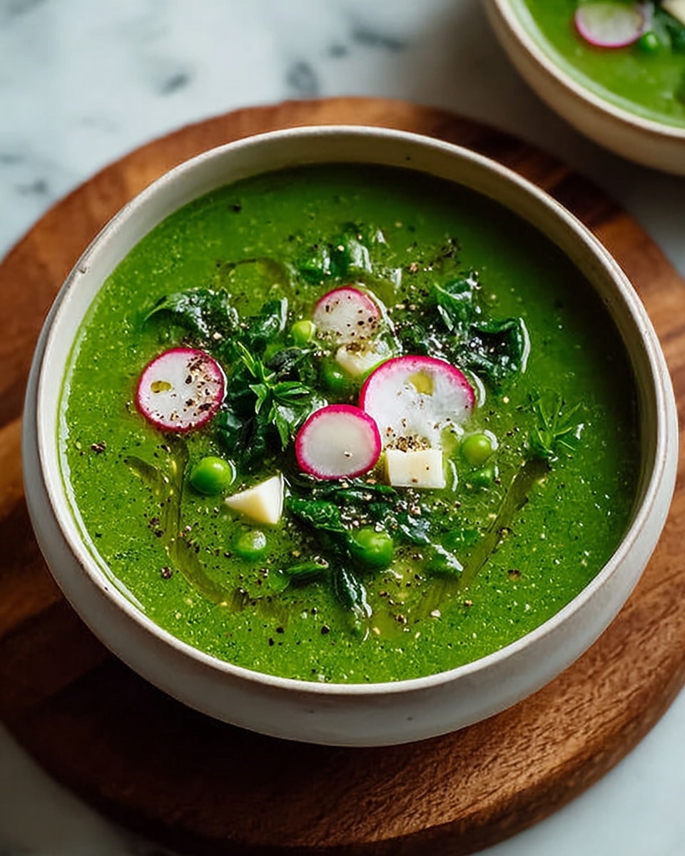 A bowl of thick green soup fills most of the white bowl, with a smooth yet slightly chunky texture. On top, there are small pieces of white potato, bright green peas, dark green leafy herbs, and thin slices of radish with white centers and pink edges. The soup has a glossy drizzle of oil and a sprinkle of coarse black pepper. The bowl sits on a round wooden board, and the background is a white marbled texture. Photo taken with an iphone --ar 4:5 --v 7
