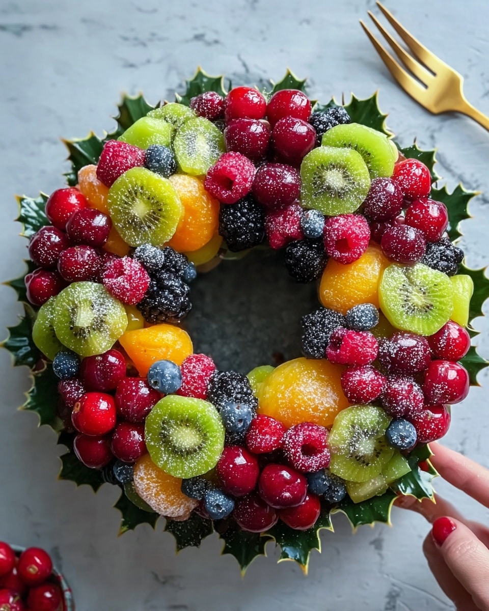 A round white plate shows a colorful fruit wreath on top of green fir leaves arranged as the base layer along the outer edge. The second layer is made of clusters of berries including blackberries, raspberries, and dark purple grapes, positioned evenly around the wreath. The top layer consists of various bright fruit pieces, such as red strawberry halves, orange wedges, green grape clusters, and light green kiwi slices arranged in groups on the fir leaves and berries. The center of the wreath is empty, showing the white marbled texture of the plate underneath. The scene is set on a wooden table with some green fir branches, a glass with red juice, and an orange drink partially visible in the background. photo taken with an iphone --ar 4:5 --v 7