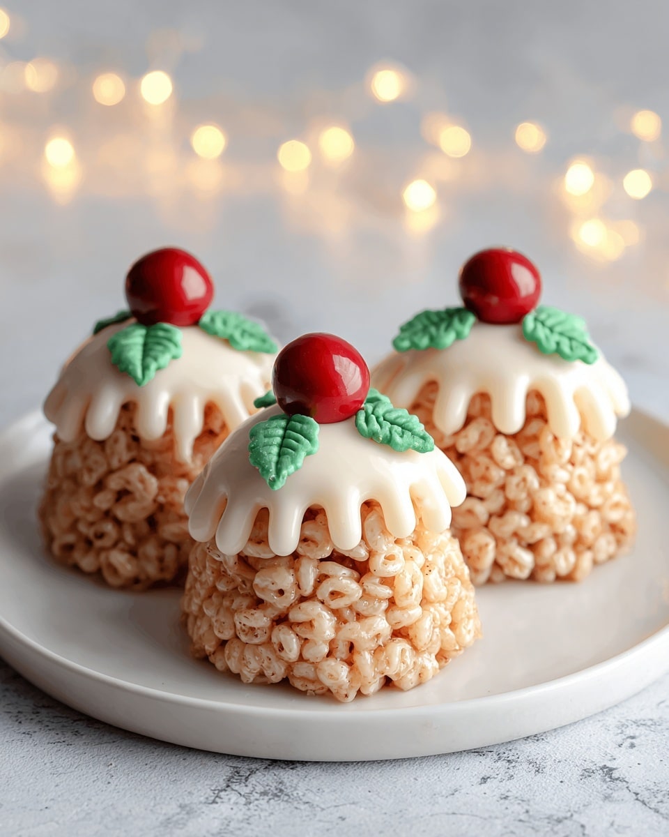 Four rounded crispy rice treats are stacked on a white plate, each shaped like a small mound with a lightly browned, textured surface. On top of each mound, there is a layer of white icing drizzling down the sides, resembling soft, thick drips. Above the icing, a small cluster of three green leaves made of frosting sits, adding color contrast. At the very top of each treat, a single bright red round candy is placed as a finishing touch. The plate rests on a white marbled surface with soft, warm lights blurred in the background. photo taken with an iphone --ar 4:5 --v 7