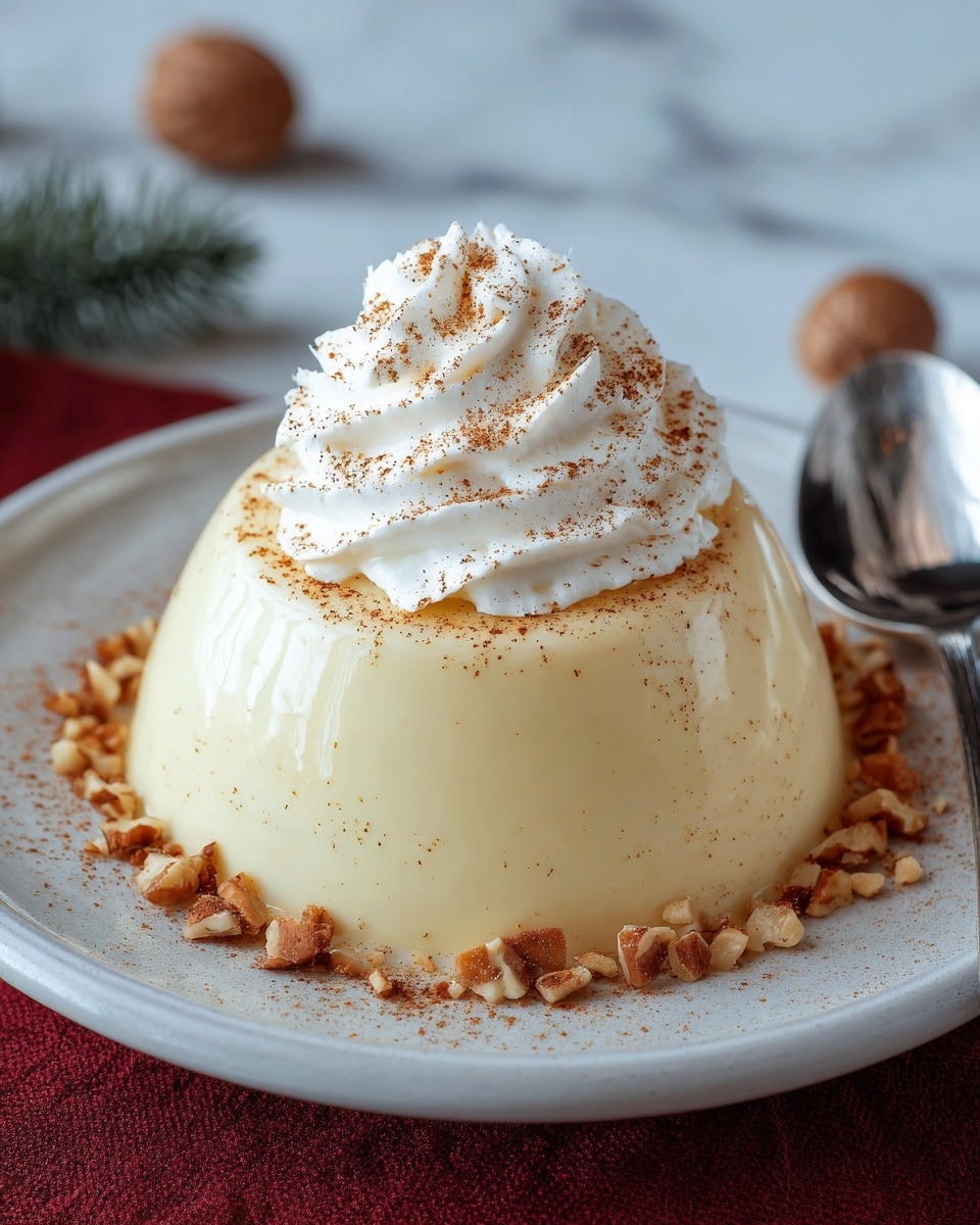 A smooth, creamy pudding with a pale yellow color sits in the center of a white plate, shaped like a rounded dome. On top, there is a generous swirl of white whipped cream, sprinkled with fine brown spice powder. Around the base of the pudding, small pieces of chopped nuts add a crunchy texture and light brown color. To the side of the plate, a shiny silver spoon is placed, reflecting soft light. The background is a white marbled texture, adding a clean and elegant feel to the image. Photo taken with an iphone --ar 4:5 --v 7