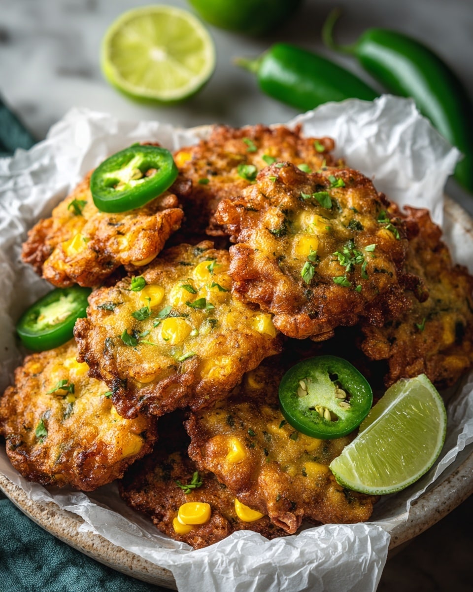 A white bowl lined with crumpled white paper holds a stack of golden brown corn fritters, each irregularly round with a crispy, textured edge and visible corn kernels and green herbs scattered throughout the batter. On top and around the fritters, finely chopped green herbs add freshness, and bright green sliced jalapeños with visible seeds provide contrast. Behind the bowl, a halved lime and whole jalapeños rest against a white marbled surface. The overall look is warm, fresh, and inviting. photo taken with an iphone --ar 4:5 --v 7