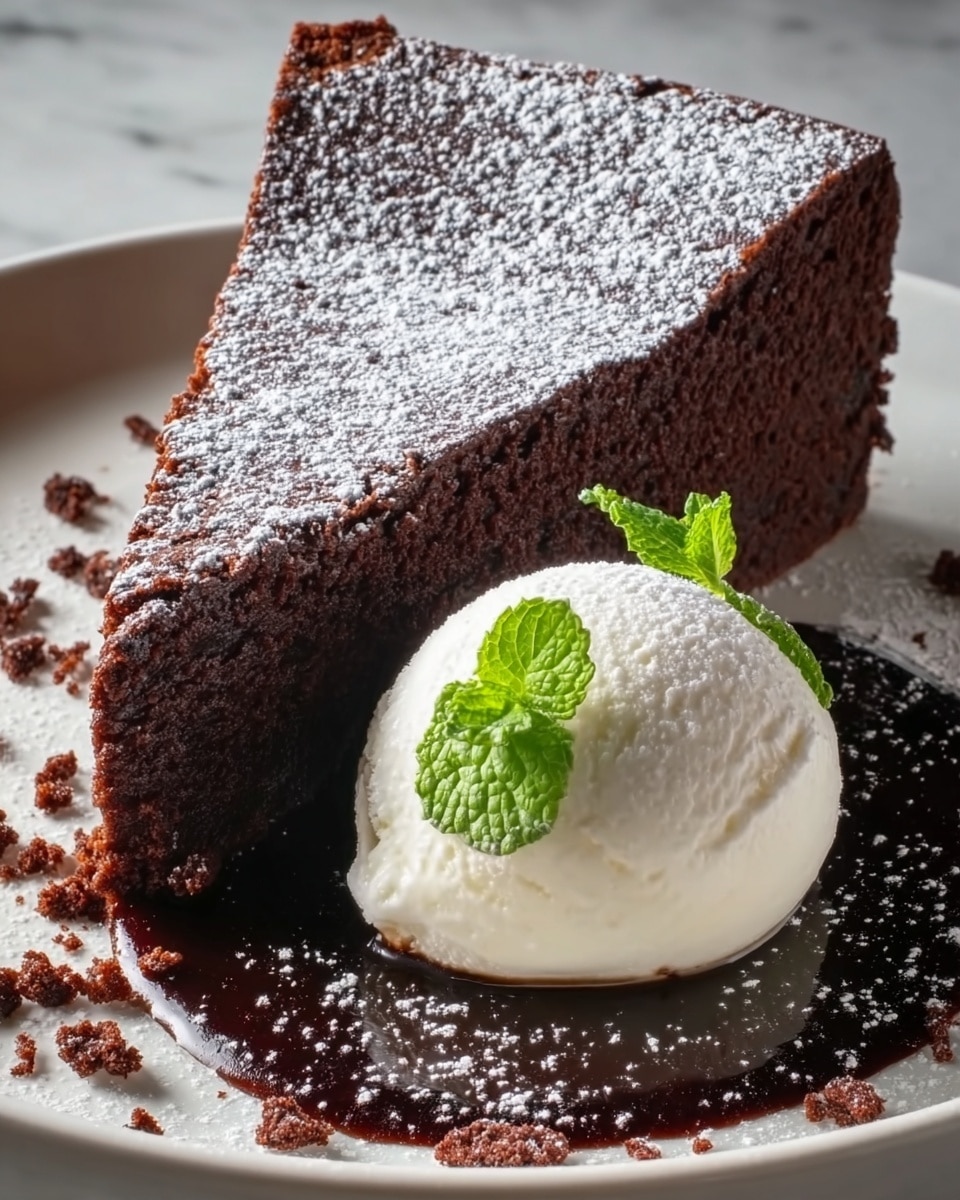 A close-up image of a thick, triangular slice of dark brown chocolate cake with a rough, crumbly texture, dusted lightly on top with white powdered sugar. Next to the cake slice is a smooth, round scoop of white ice cream, also dusted lightly with powdered sugar and garnished with two small fresh green mint leaves. The cake and ice cream sit on a white plate over a dark glossy chocolate sauce, with small crumbs scattered around, all placed on a white marbled surface. Photo taken with an iphone --ar 4:5 --v 7
