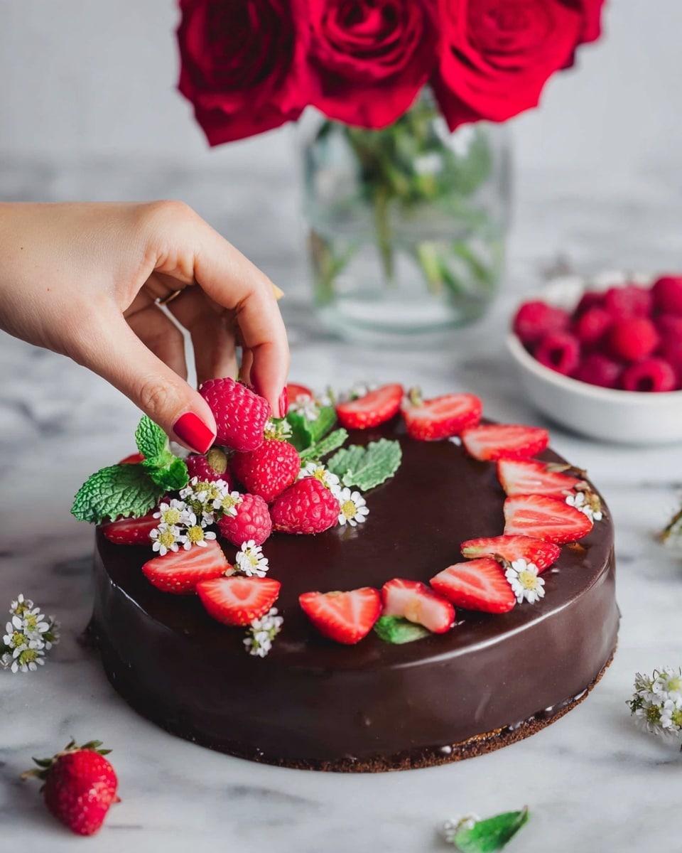 A round chocolate cake with a smooth, glossy dark chocolate glaze on top is placed directly on a white marbled surface. The top of the cake is decorated with a layer of bright red halved strawberries arranged around the edges, a cluster of whole raspberries in the center, and scattered green mint leaves along with small white flowers. A woman's hand with bright red nail polish is carefully placing one raspberry on top near the center. In the background, there is a clear glass vase holding red roses and a white cup filled with strawberries, all set against a white marbled surface. Photo taken with an iphone --ar 4:5 --v 7