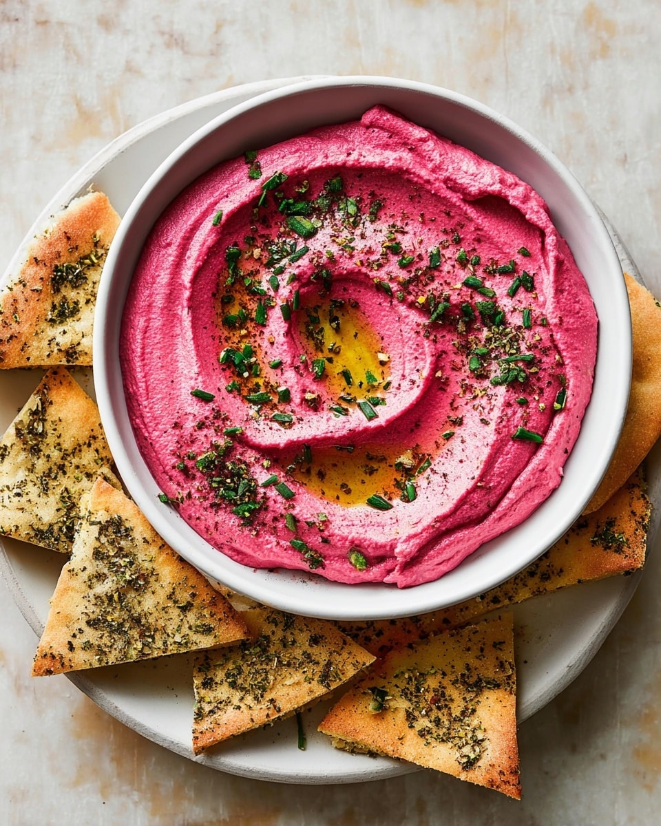 A creamy bright pink hummus spread smoothly inside a white bowl, with visible swirls and gentle peaks creating a textured surface. The top layer is sprinkled with fresh chopped green herbs, toasted golden sesame seeds, and a dash of dried spices that add small dark and light brown specks. A small pool of glossy, rich golden olive oil sits in the middle, seeping slightly into the pink hummus around it. The bowl rests on a white marbled surface, enhancing the vivid colors and textures of the dish. photo taken with an iphone --ar 4:5 --v 7