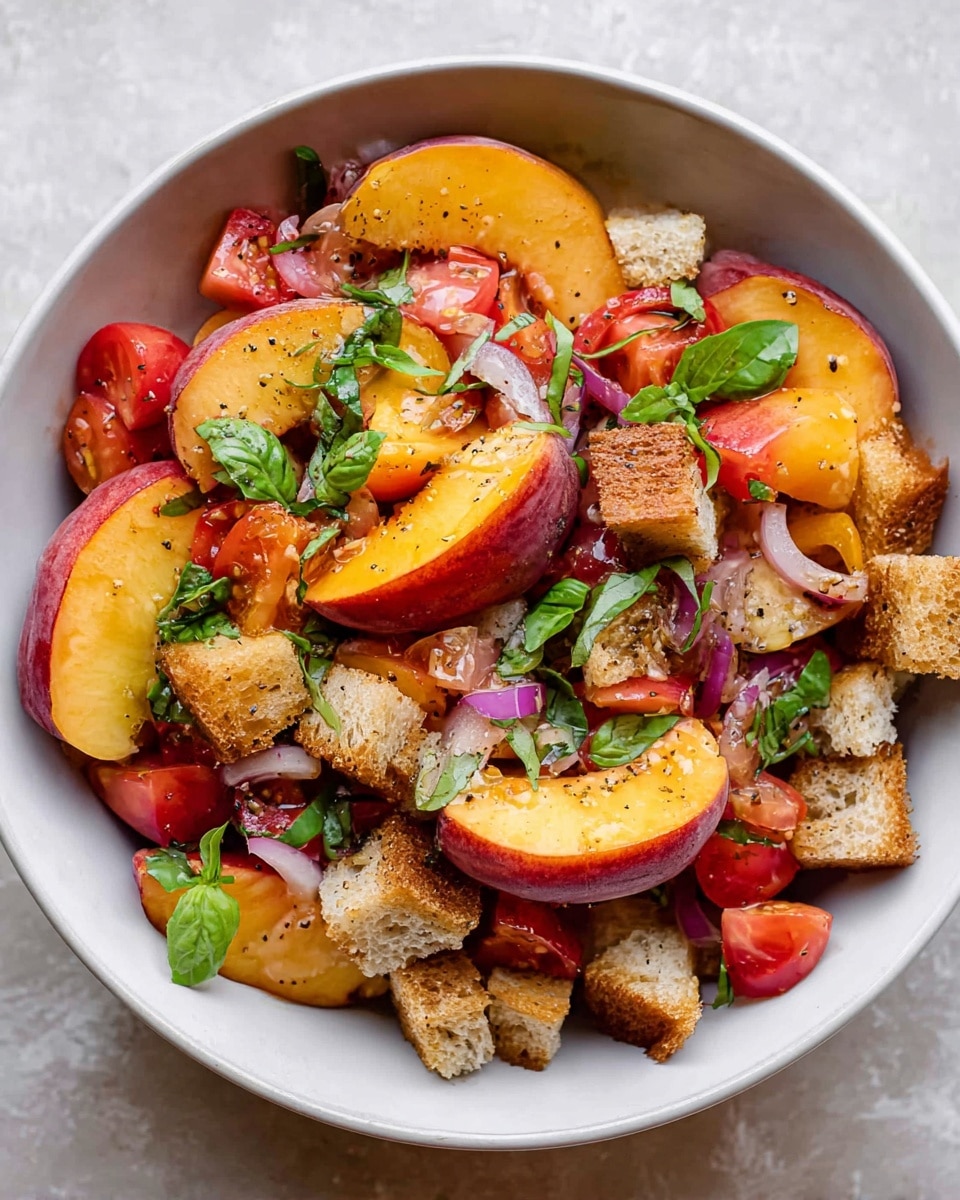A white bowl filled with a fresh salad consisting of three large peach slices with a mix of red and yellow colors, layered with bright red diced tomatoes, light golden-brown toasted bread cubes, thin pale purple onion slices, and scattered green basil leaves. The ingredients show a vibrant mix of juicy textures and colors, with a light sprinkle of coarse black pepper on the peaches and visible drops of dressing enhancing the glossy look of the fruit and vegetables. The bowl sits on a white marbled texture. photo taken with an iphone --ar 4:5 --v 7