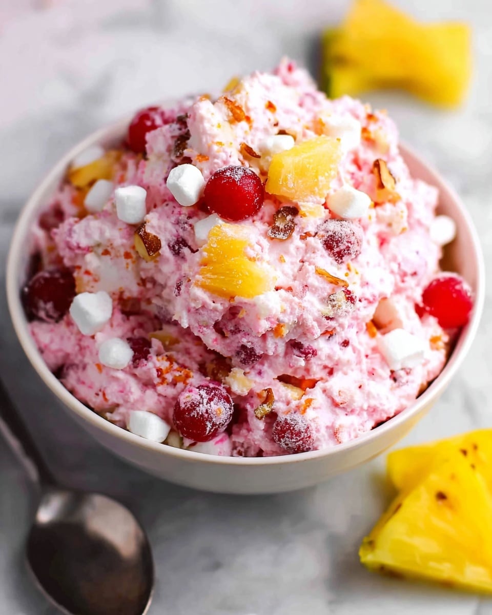 A bowl filled with a mixed dessert showing a rough texture of whipped pink cream combined with small red berries, white marshmallows, chopped orange-yellow pineapple pieces, and bits of brown nuts scattered on top and throughout. The bowl is white, and the dessert looks fluffy and colorful with the red berries adding bright pops of color against the creamy pink background. A piece of pineapple and a spoon are placed beside the bowl on a white marbled surface. Photo taken with an iphone --ar 4:5 --v 7