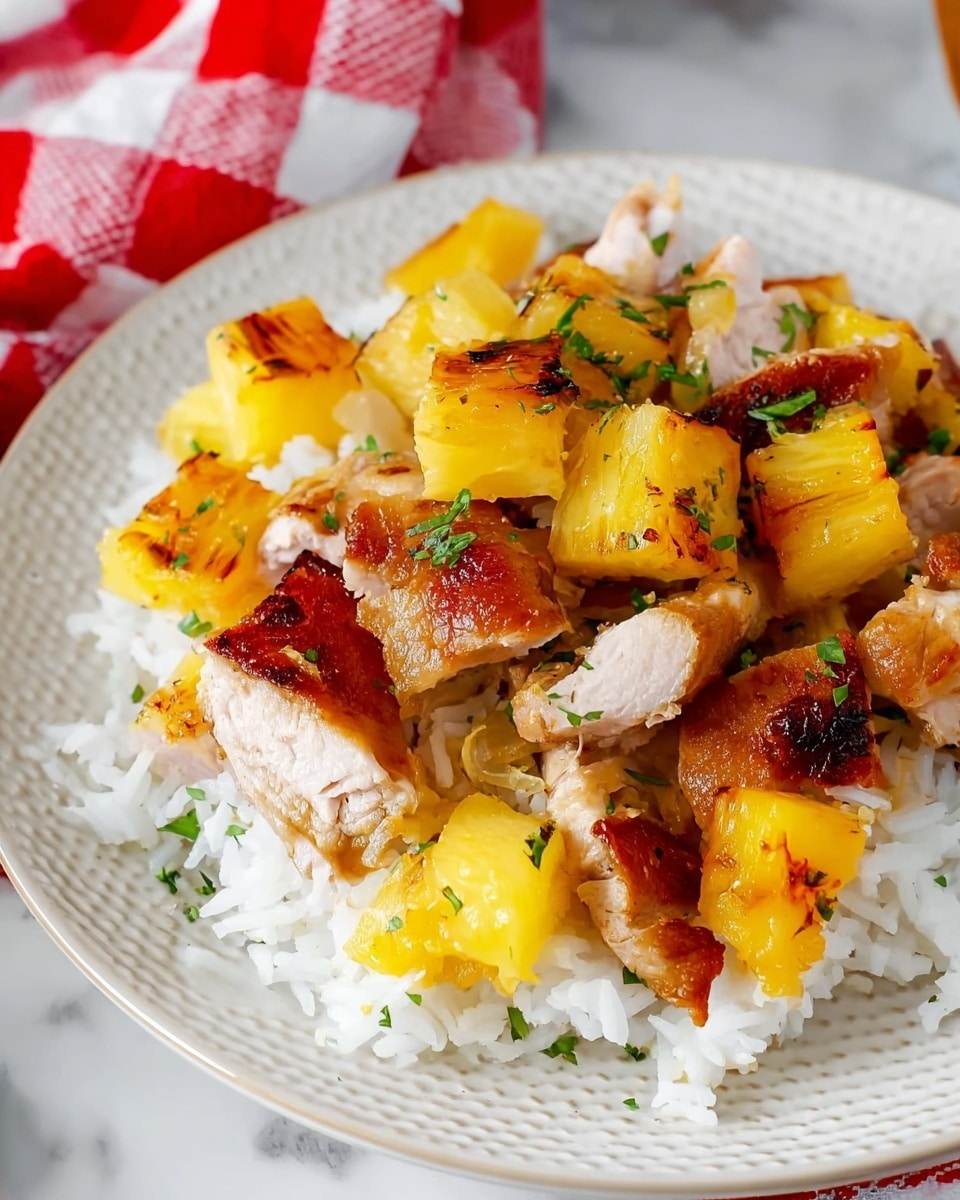 A large, browned pork loin sits in the center of a black slow cooker, surrounded by chunky pieces of cooked pineapple that are golden yellow and glossy with sauce. The pork has a crispy, seared texture with visible seasoning and small green herb sprinkles scattered on top and over the pineapple. The pineapple chunks are irregular in shape, filling the space around the pork at the base of the round cooker. The inside of the cooker shines dark and smooth, contrasting with the bright food. photo taken with an iphone --ar 4:5 --v 7