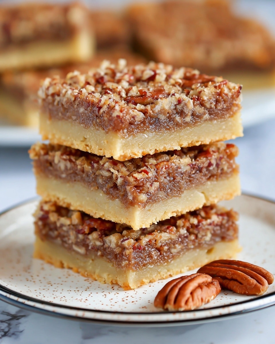 A close-up view of a stack of four square pecan bars on a white speckled plate with a thin black rim, resting on a white marbled surface. Each bar has two layers: a bottom layer of pale yellow shortbread crust that looks firm and crumbly, and a top layer of dense, rich, brown pecan filling mixed with small pecan pieces and a slightly glossy texture. Two whole pecans lie casually on the plate near the stack, adding to the nutty theme. The background is softly blurred, showing another plate of similar bars. Photo taken with an iphone --ar 4:5 --v 7
