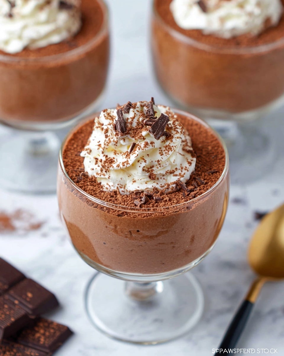 The image shows a creamy chocolate mousse served in a transparent glass cup with a short stem. The mousse has a smooth, light brown layer filling the cup, topped with a thick, slightly darker dusting of cocoa powder and small chocolate shavings scattered on top. At the center, a swirl of white whipped cream is placed, with some cocoa powder sprinkled over it, adding contrast. There are more similar glasses blurred in the background, set on a white marbled surface, along with pieces of dark chocolate and part of a spoon with a golden and black handle visible. photo taken with an iphone --ar 4:5 --v 7