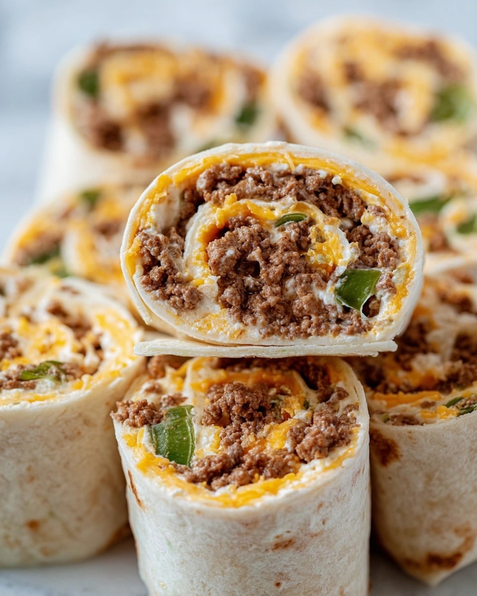 The image shows a stack of eight tortilla pinwheel sandwiches on a white plate, arranged in a pyramid shape. Each tortilla roll is sliced to reveal multiple layers inside, including a light beige outer layer of tortilla, a creamy off-white spread with a smooth texture, finely crumbled cooked ground meat in a brown color, small chunks of green pickle pieces, and bits of orange shredded cheese evenly distributed. The pinwheels are tightly rolled, showing a spiraled pattern of the filling layers inside. The background is a white marbled surface, giving a clean and simple look. photo taken with an iphone --ar 4:5 --v 7